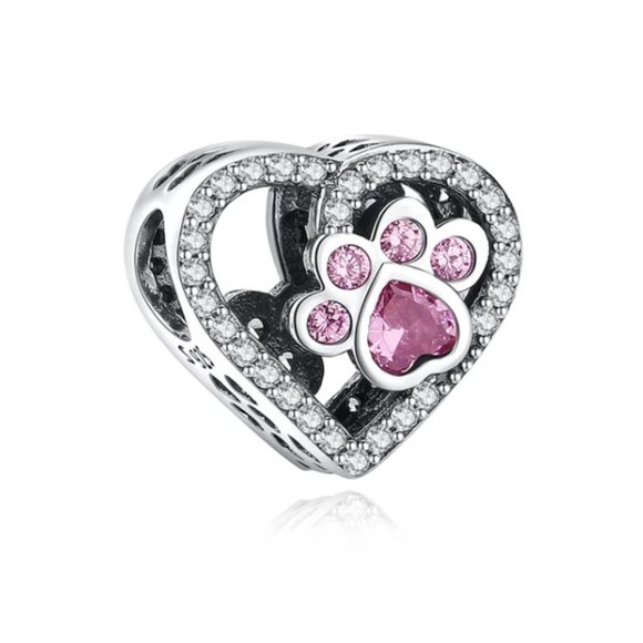 Jewelry - Heart Paw Print Dog Puppy Bracelet Charm - S925 Sterling Silver Fits Pandora